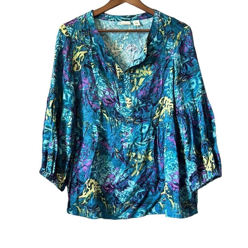 Floral Tunic Top V Neck 3/4‎ Sleeve Blouse Blue Purple Yellow